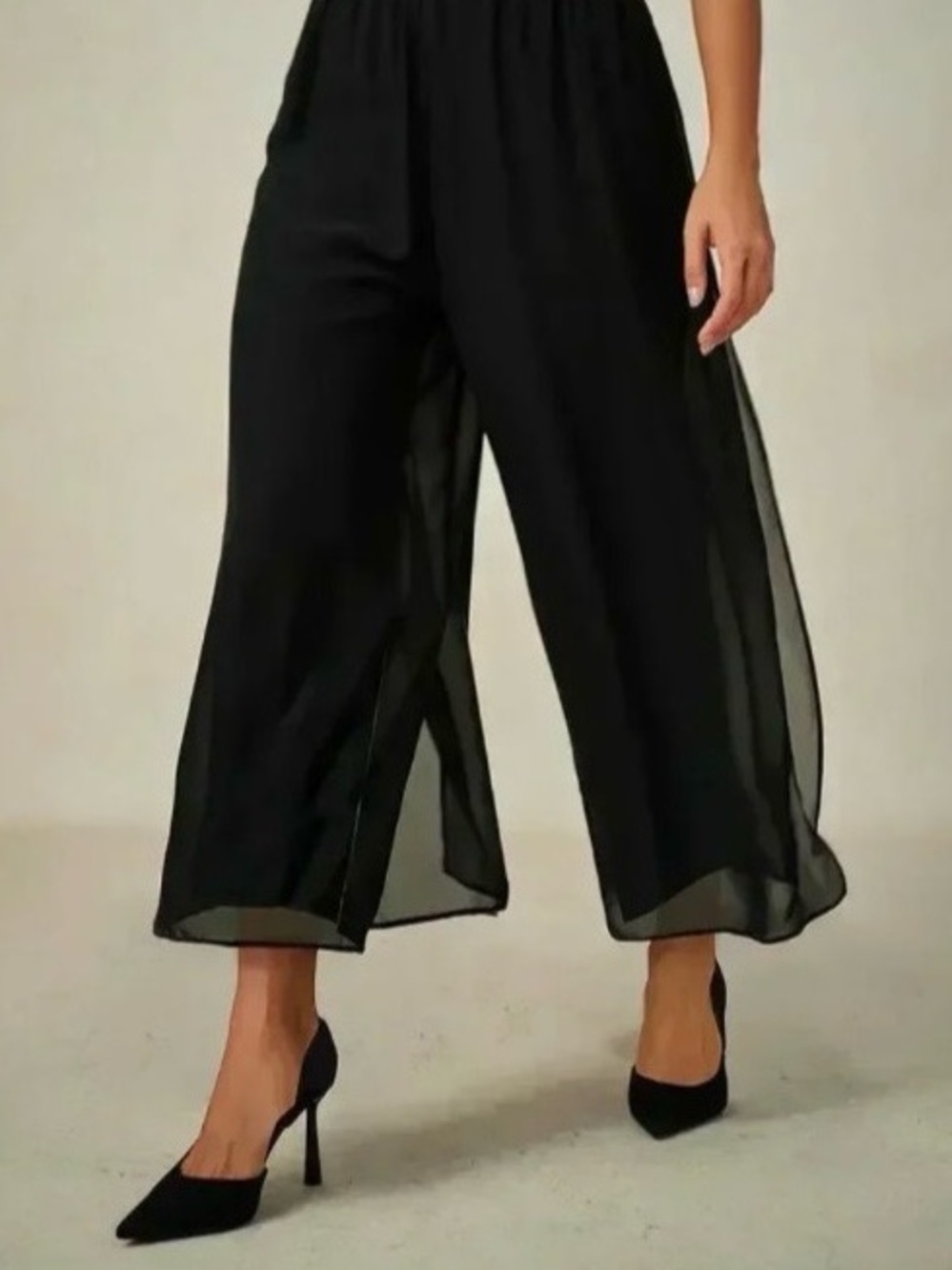 Cropped Length Straight Leg Pant With Chiffon Split Leg Overlay BLACK & NAVY - Picture 3 of 7